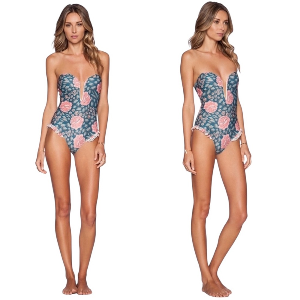 Beach Riot Strapless Floral One-Piece in Teal and Pink